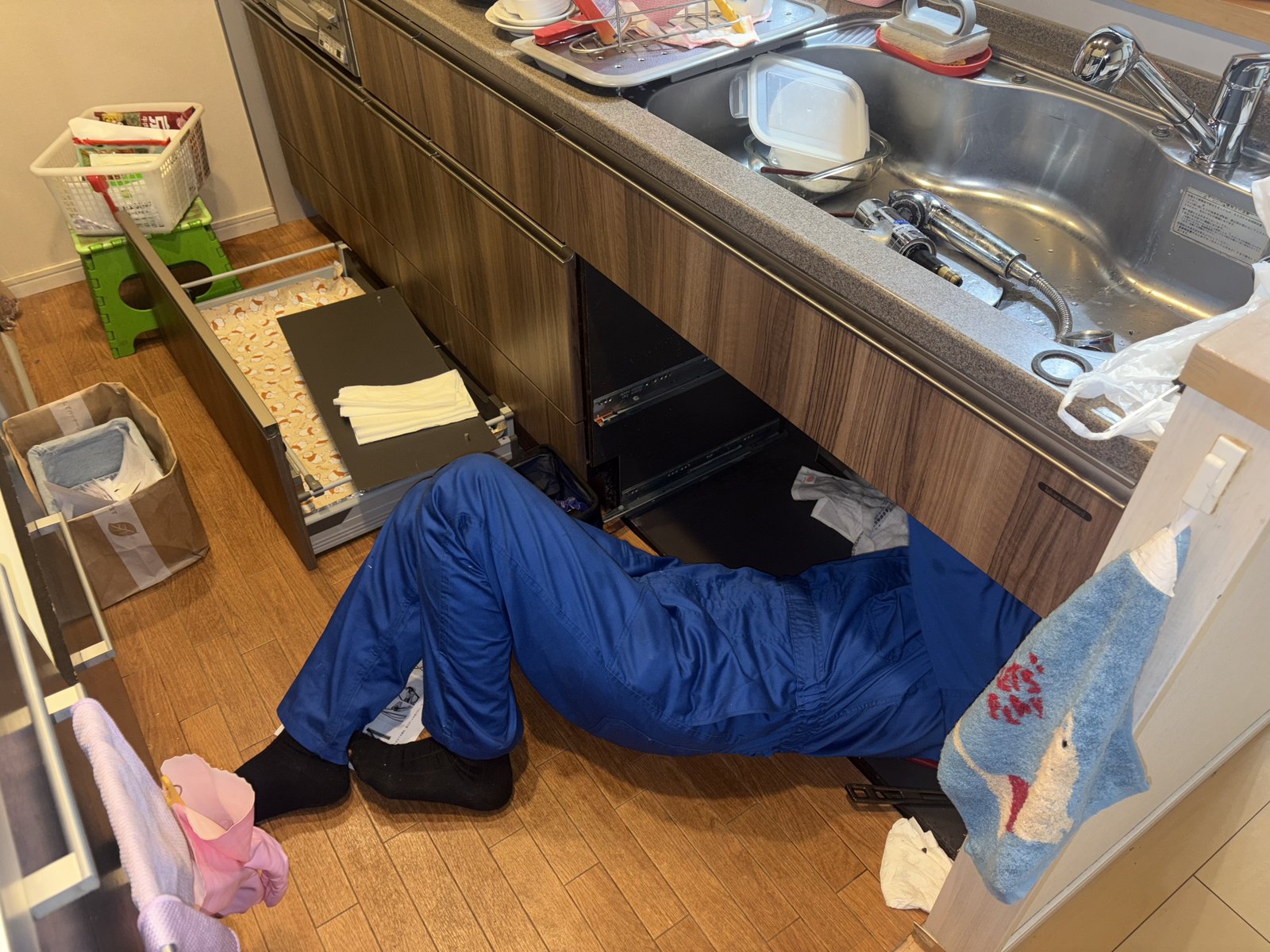 飲食店の厨房でシンク下に入り排水管を確認している作業の様子